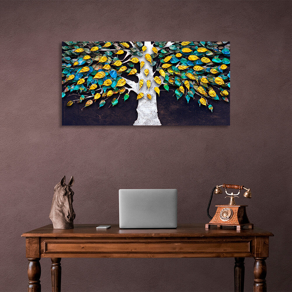 White tree with yellow and green-blue leaves on a brown background Canvas Wall Art Print