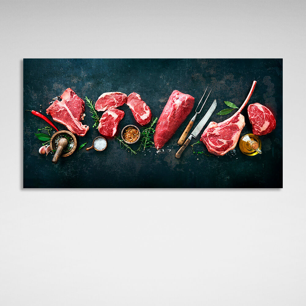 Rindfleisch auf schwarzem Hintergrund mit Gewürzen Leinwand Wand Kunstdruck für Küche