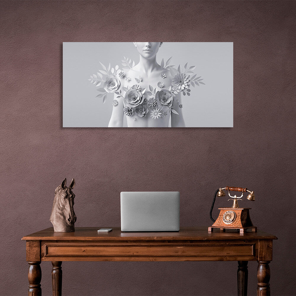 Woman on gray background with flowers Canvas Wall Art Print