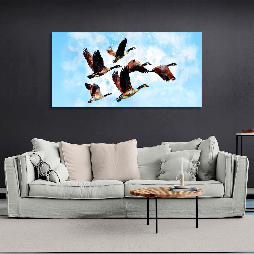 Stork family of 6 birds in the sky Canvas Wall Art Print