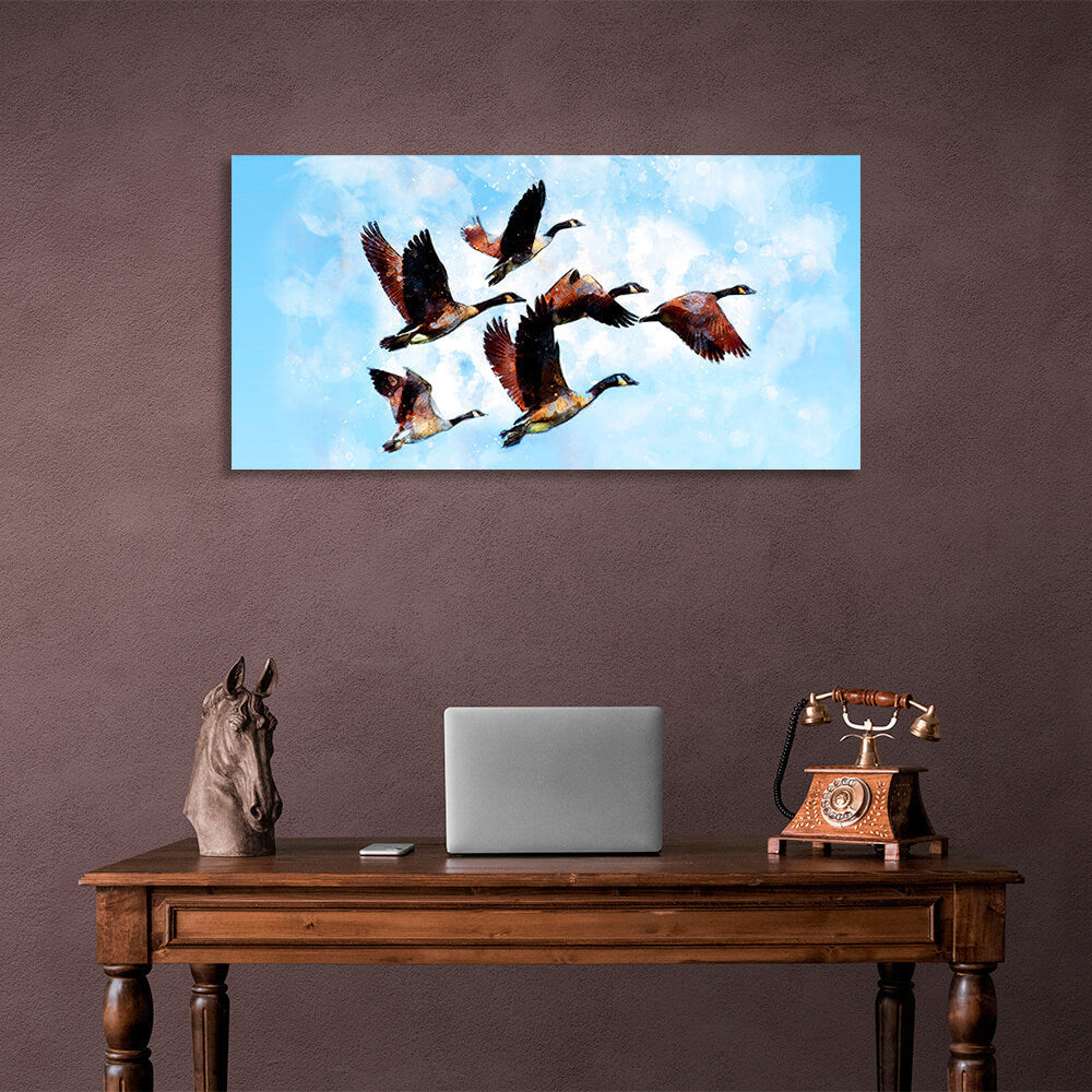 Stork family of 6 birds in the sky Canvas Wall Art Print