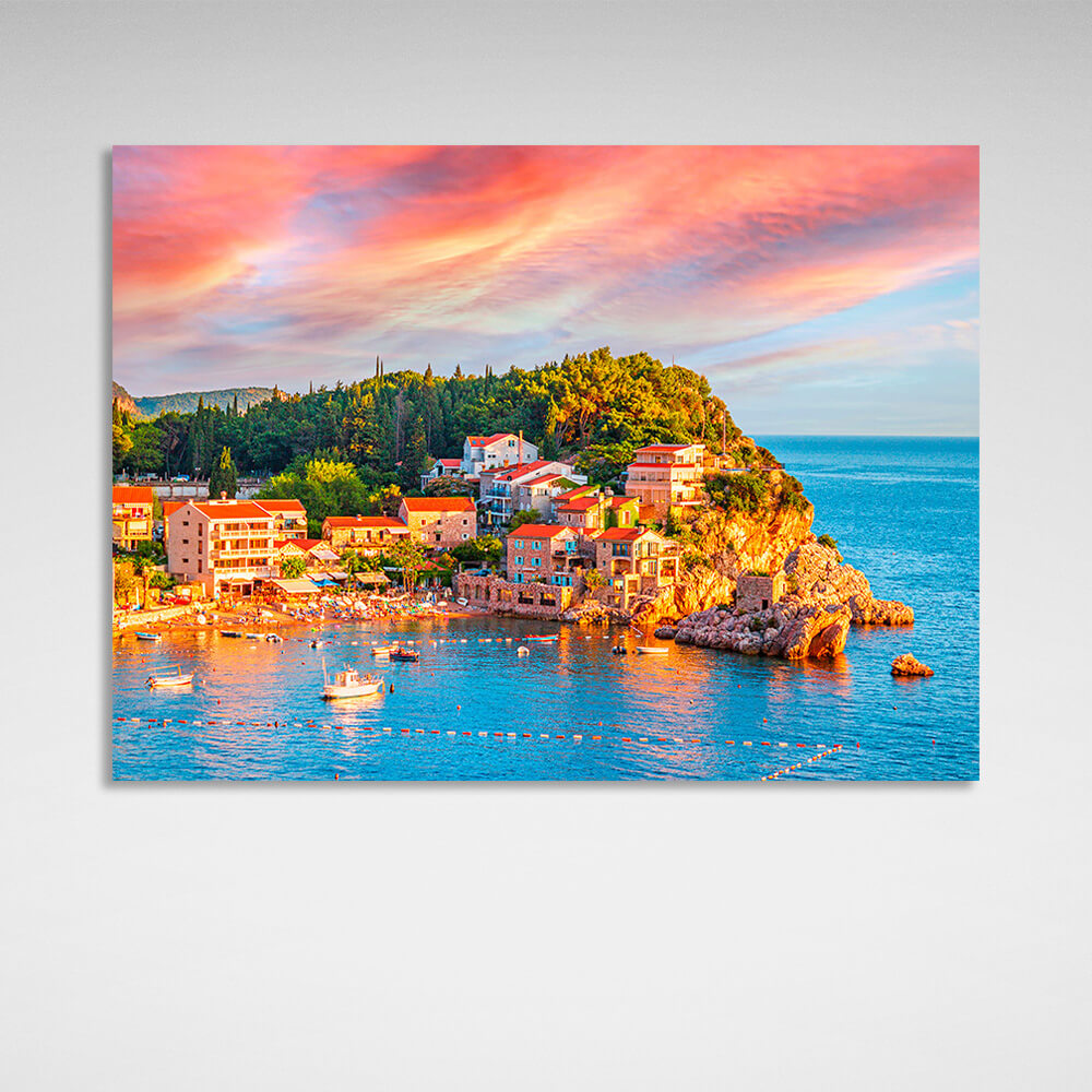 The blue sea around a small town near a cliff Canvas Wall Art Print