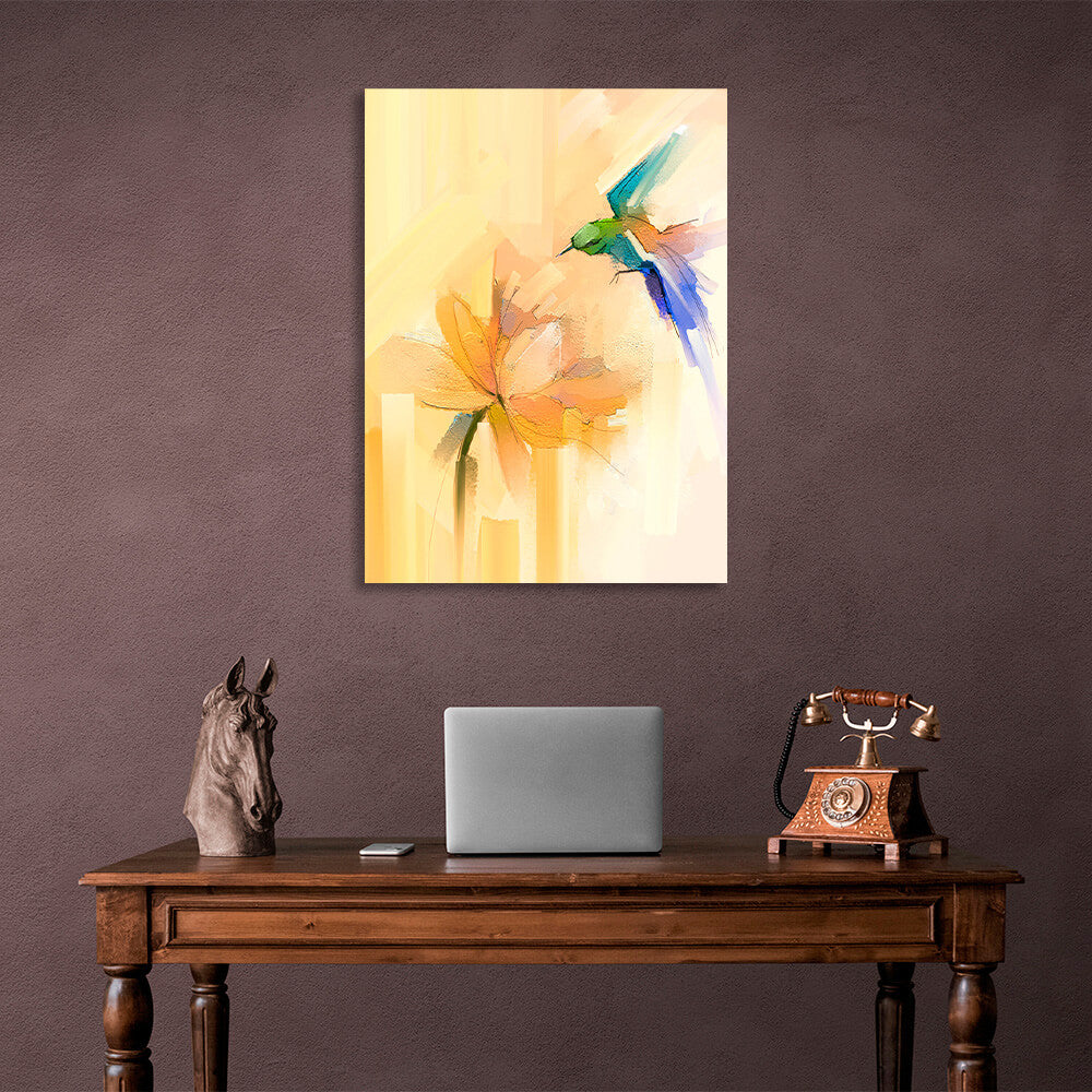 A hummingbird over a flower in light colors Canvas Wall Art Print