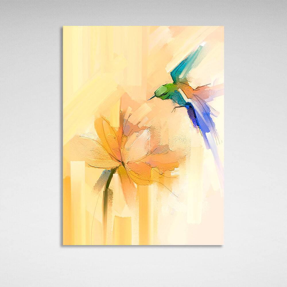 A hummingbird over a flower in light colors Canvas Wall Art Print