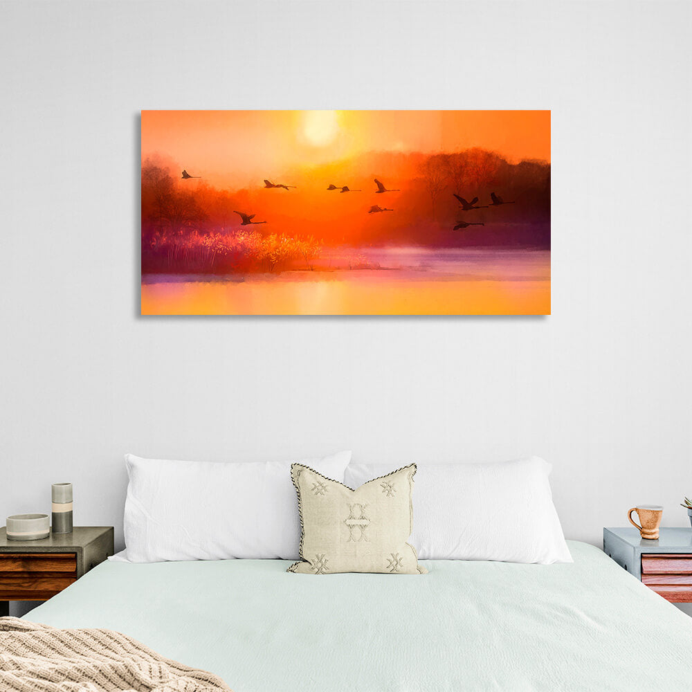 Kunstdruck auf Leinwand „Störche am Himmel bei Sonnenuntergang“