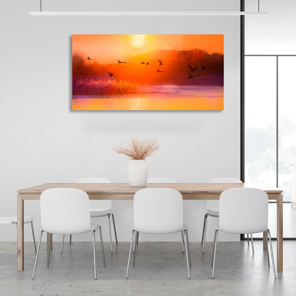 Kunstdruck auf Leinwand „Störche am Himmel bei Sonnenuntergang“