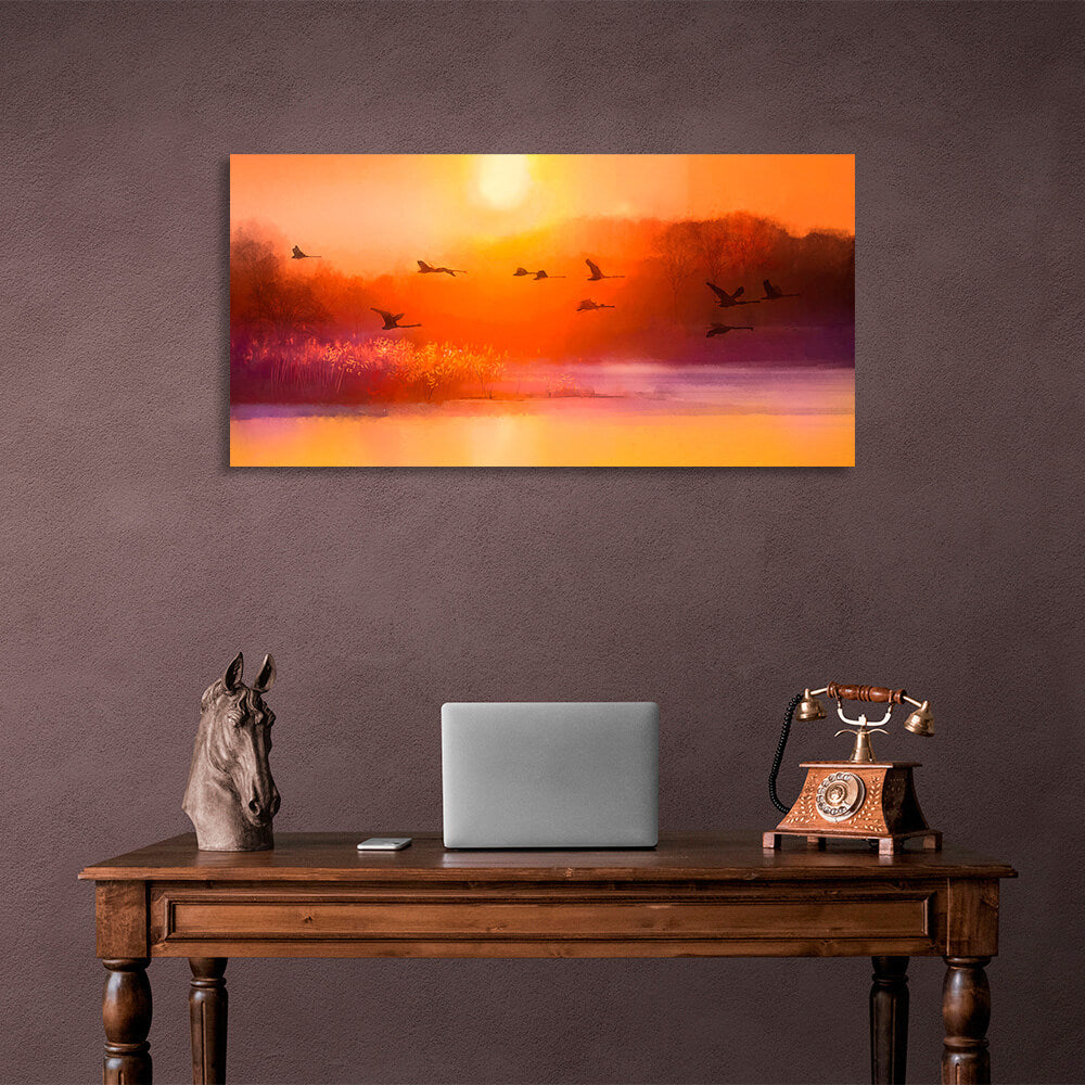 Kunstdruck auf Leinwand „Störche am Himmel bei Sonnenuntergang“