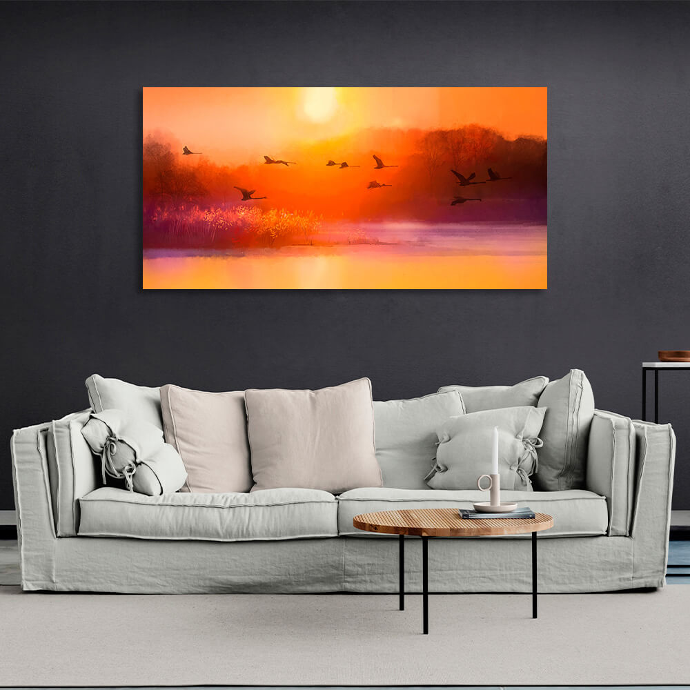 Kunstdruck auf Leinwand „Störche am Himmel bei Sonnenuntergang“