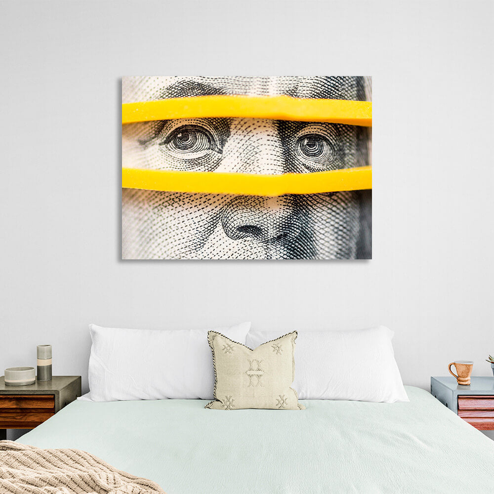 Nahaufnahme von Franklin auf dem Dollar. Inspirierender Kunstdruck auf Leinwand