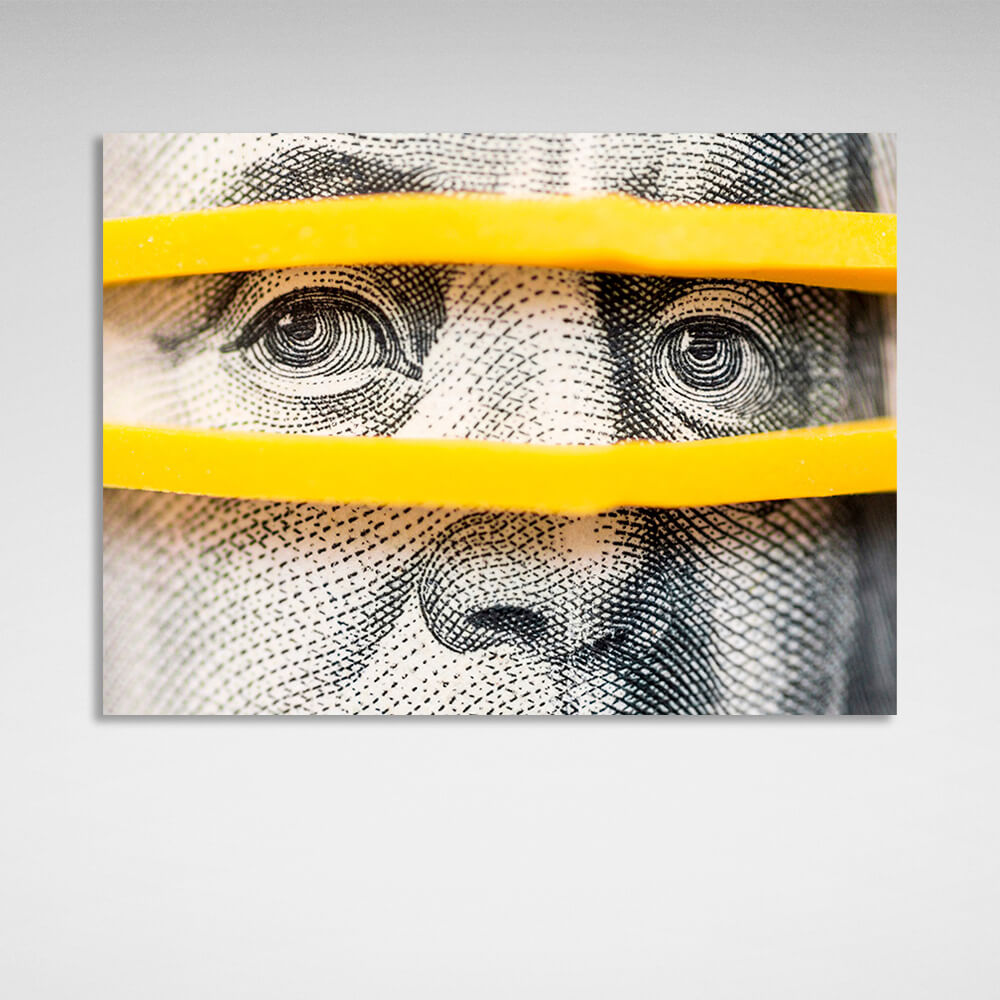 Nahaufnahme von Franklin auf dem Dollar. Inspirierender Kunstdruck auf Leinwand