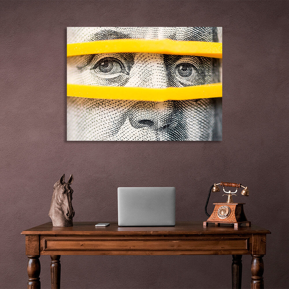 Nahaufnahme von Franklin auf dem Dollar. Inspirierender Kunstdruck auf Leinwand