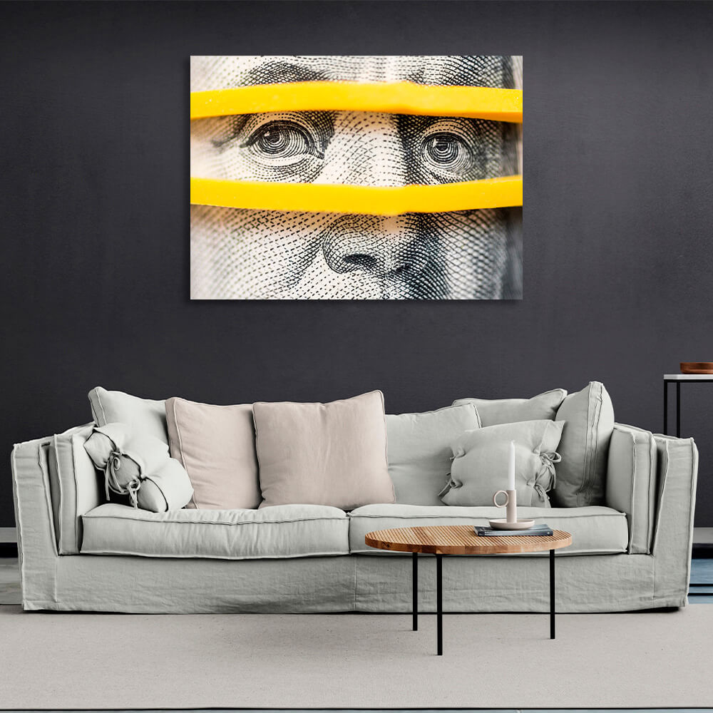 Nahaufnahme von Franklin auf dem Dollar. Inspirierender Kunstdruck auf Leinwand