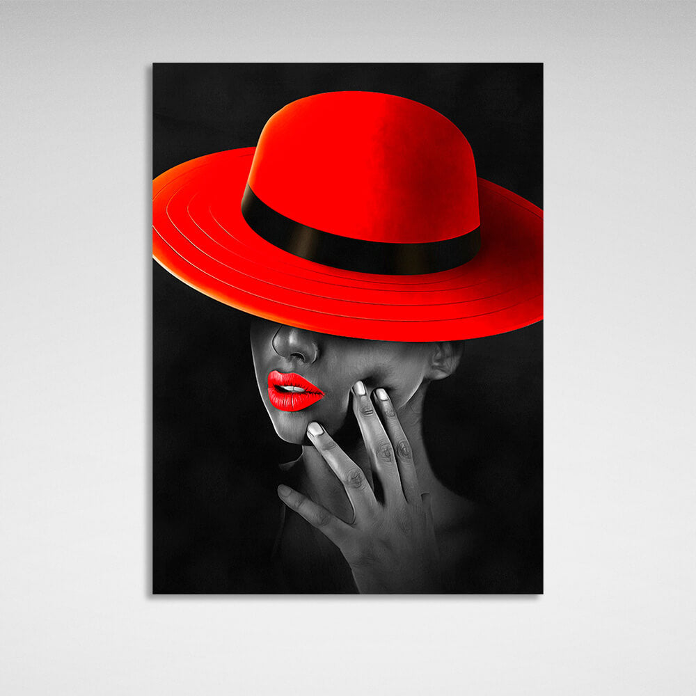 A woman with red lips and a red panama Canvas Wall Art Print