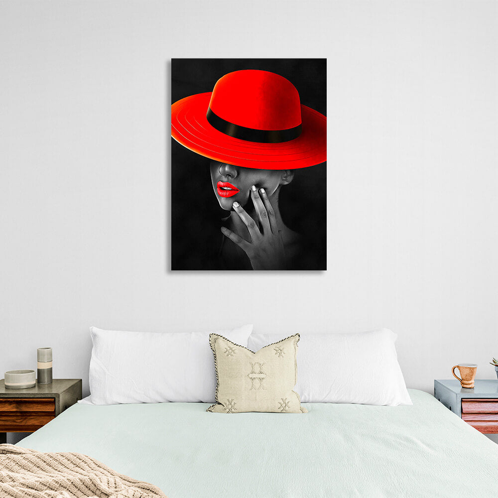 A woman with red lips and a red panama Canvas Wall Art Print