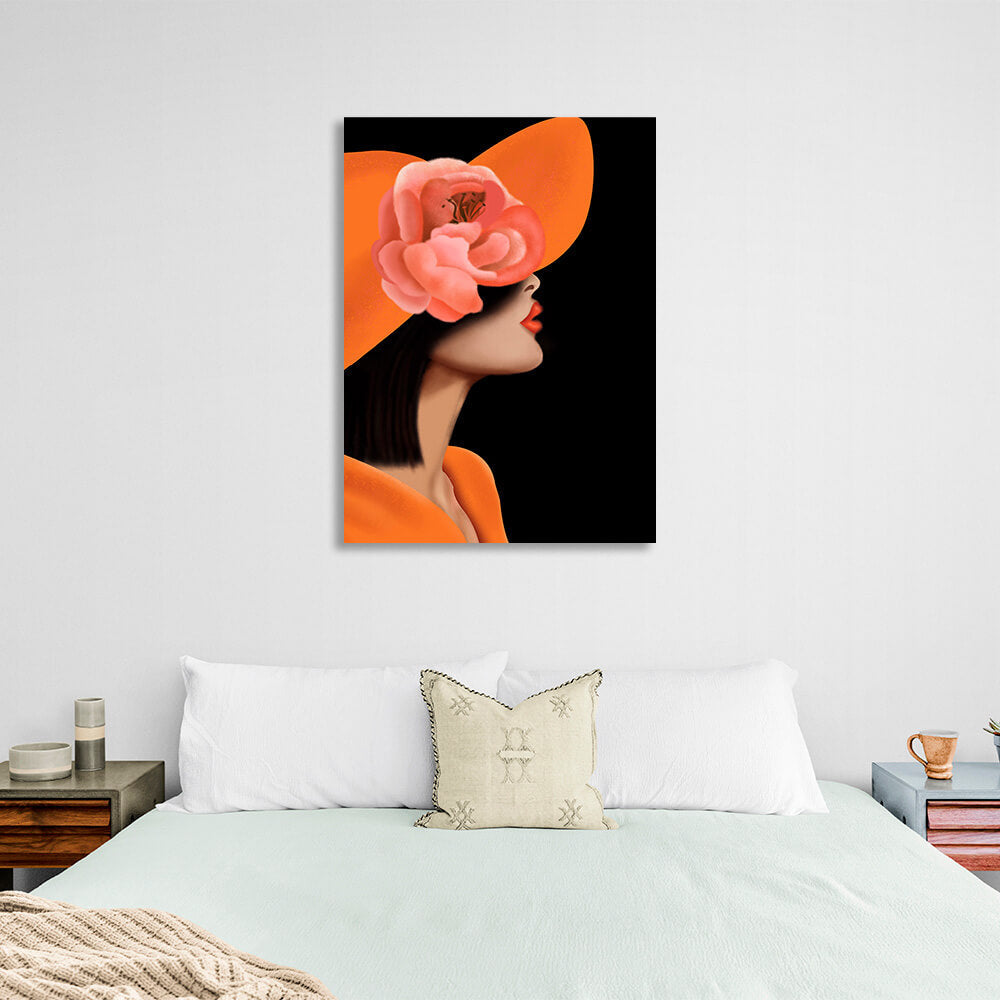 A woman with an orange lip curl and a flowered panama Canvas Wall Art Print