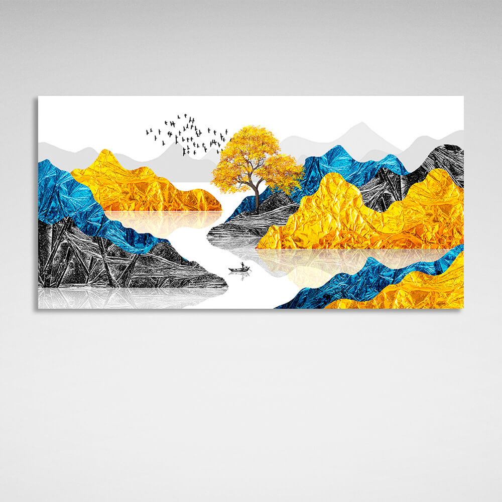 Kunstdruck auf Leinwand, Motiv: Felsen mit einem kleinen Baum und einem kleinen Boot im Meer in den Farben Blau, Gelb und Schwarz