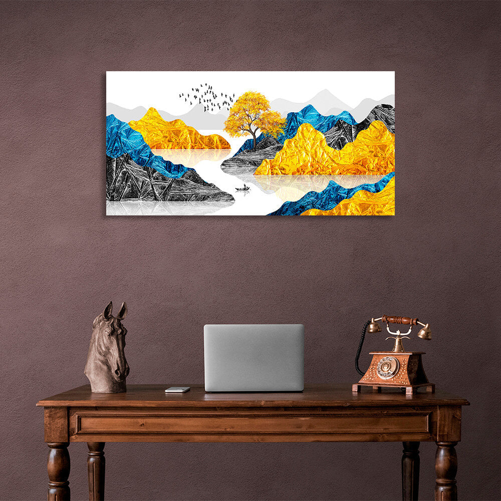 Kunstdruck auf Leinwand, Motiv: Felsen mit einem kleinen Baum und einem kleinen Boot im Meer in den Farben Blau, Gelb und Schwarz