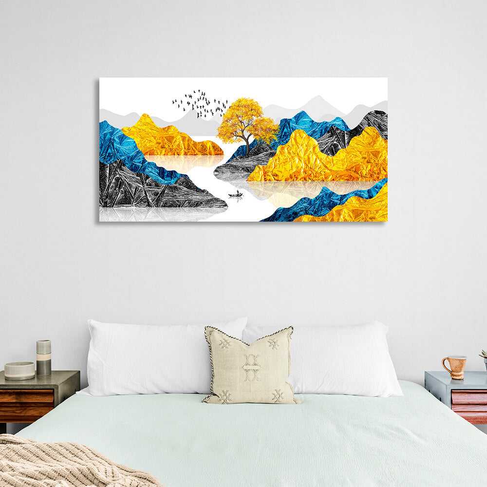 Kunstdruck auf Leinwand, Motiv: Felsen mit einem kleinen Baum und einem kleinen Boot im Meer in den Farben Blau, Gelb und Schwarz