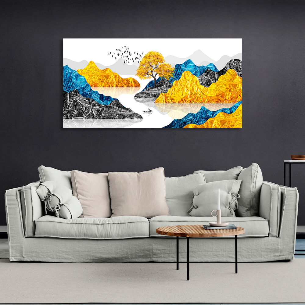 Kunstdruck auf Leinwand, Motiv: Felsen mit einem kleinen Baum und einem kleinen Boot im Meer in den Farben Blau, Gelb und Schwarz