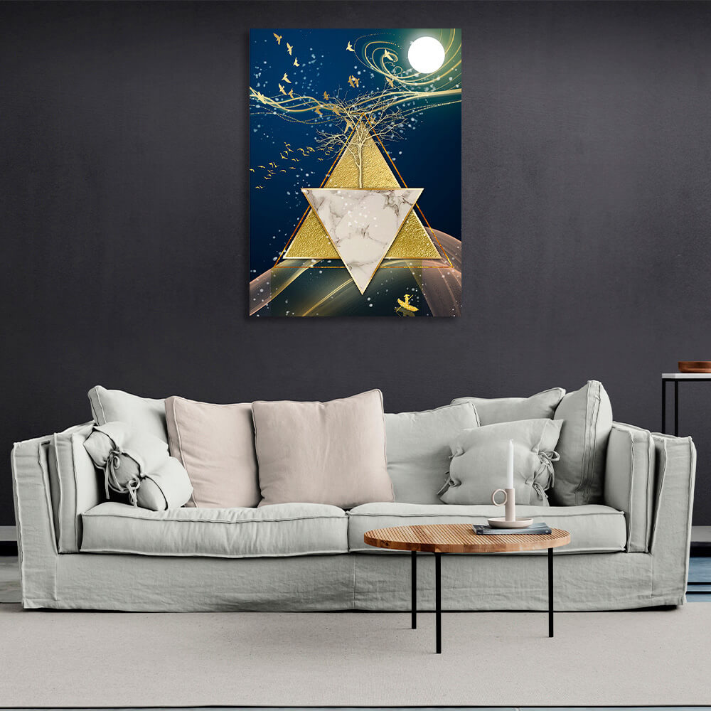 Geometrische Abstraktion in Blau, Gold und Weiß, Abstraktion, Kunstdruck auf Leinwand