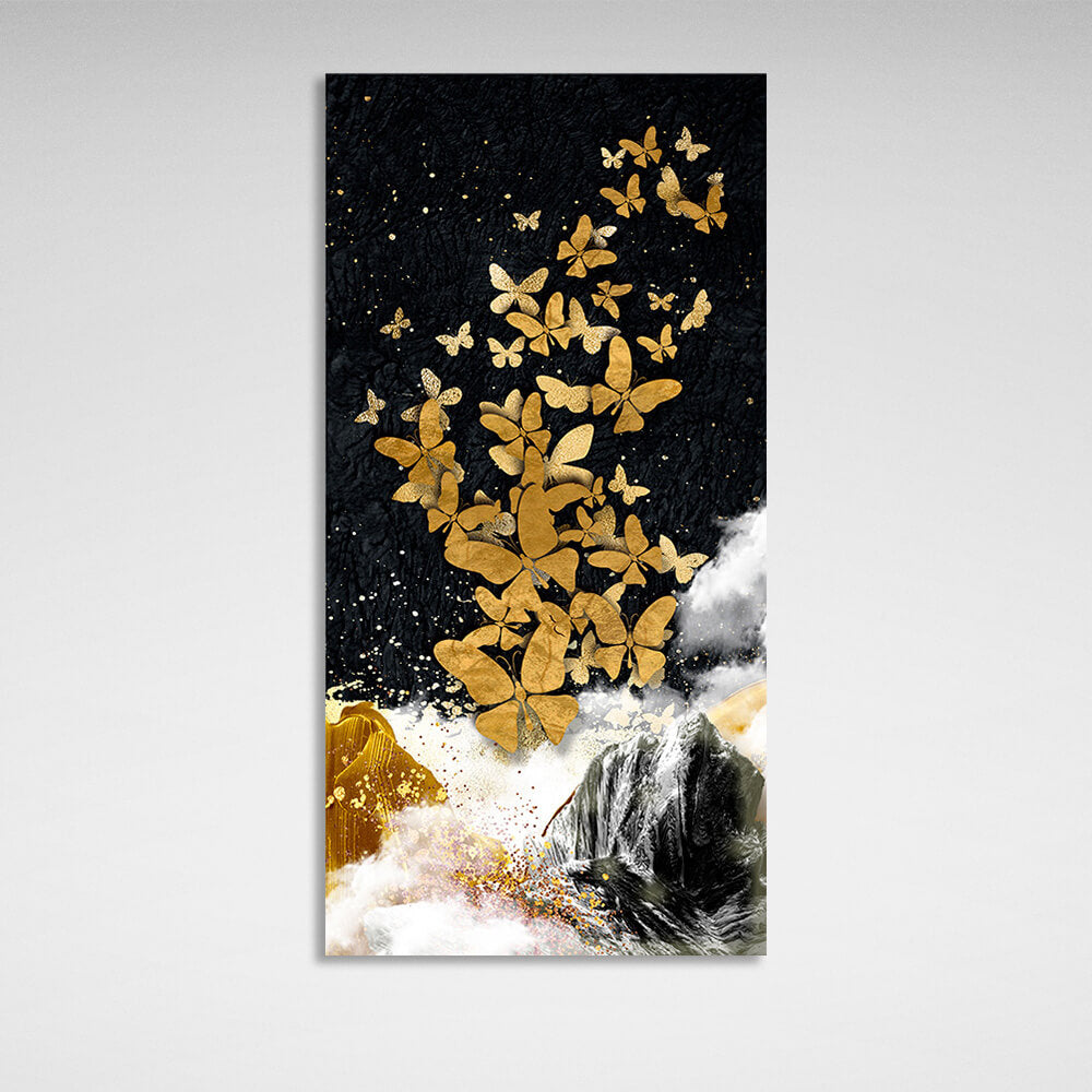 Goldener Schmetterlingsfelsen und weißer Nebel auf schwarzem Hintergrund Abstraktion Leinwand Wand Kunstdruck