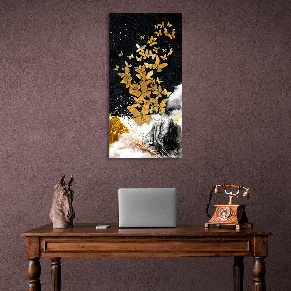 Goldener Schmetterlingsfelsen und weißer Nebel auf schwarzem Hintergrund Abstraktion Leinwand Wand Kunstdruck