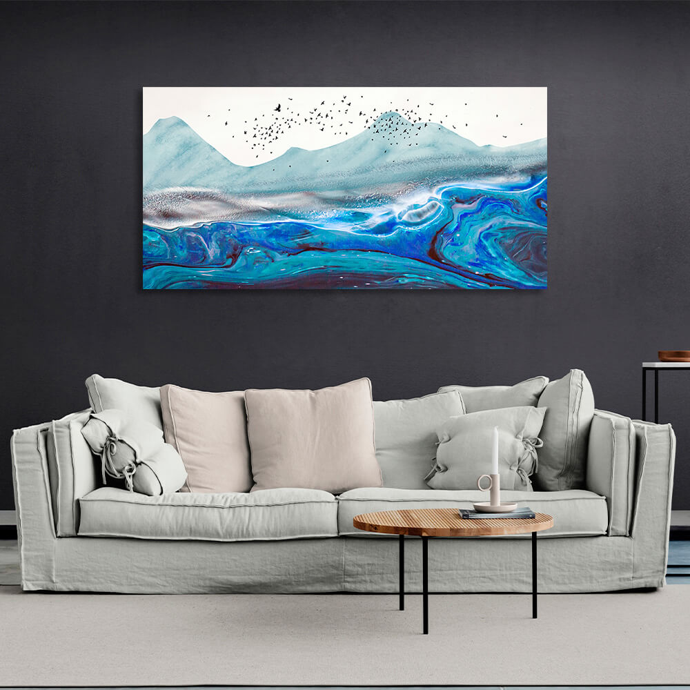 Kunstdruck auf Leinwand, Motiv: Abstraktion, Felsen, Meer, Seevögel auf weißem Hintergrund