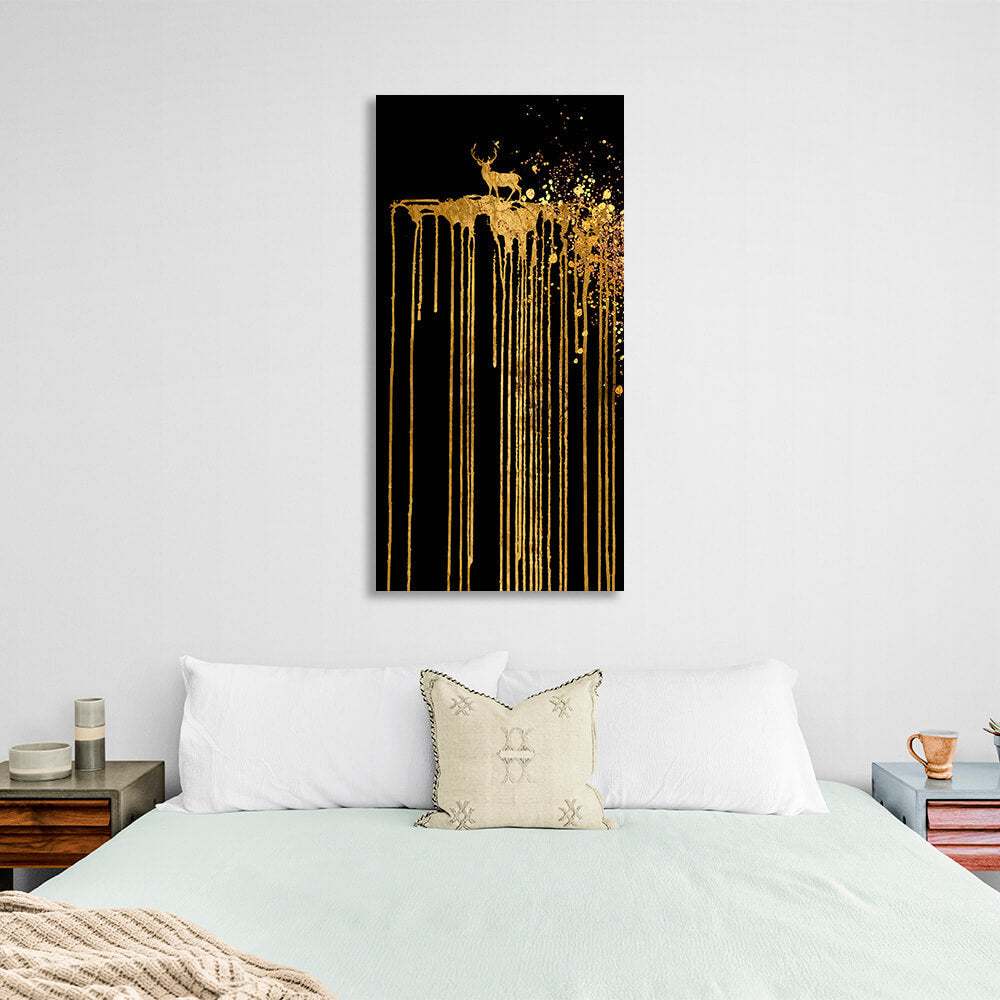 Goldener Hirsch mit goldenen Linien und Punkten auf schwarzem Hintergrund, abstrakter Kunstdruck auf Leinwand.