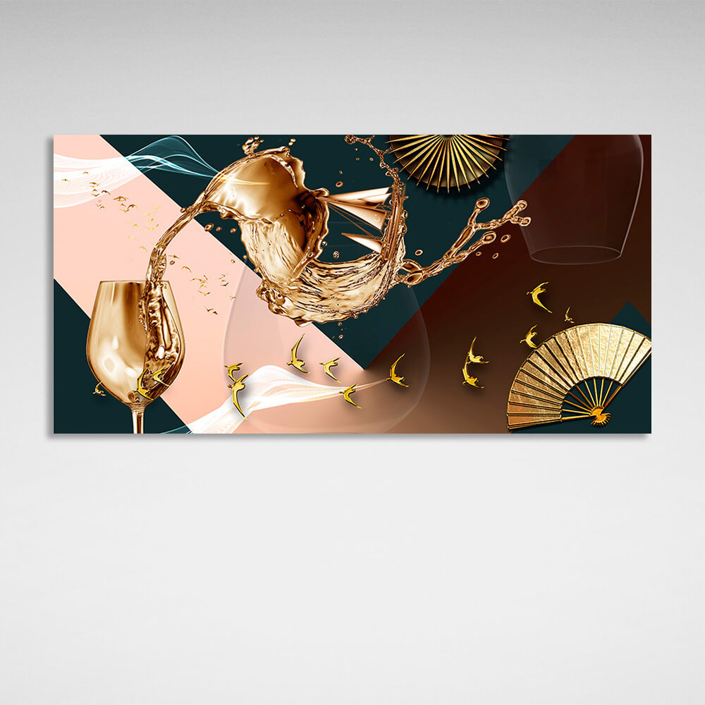 Golden glass, fan and golden birds Abstraction Canvas Wall Art Print