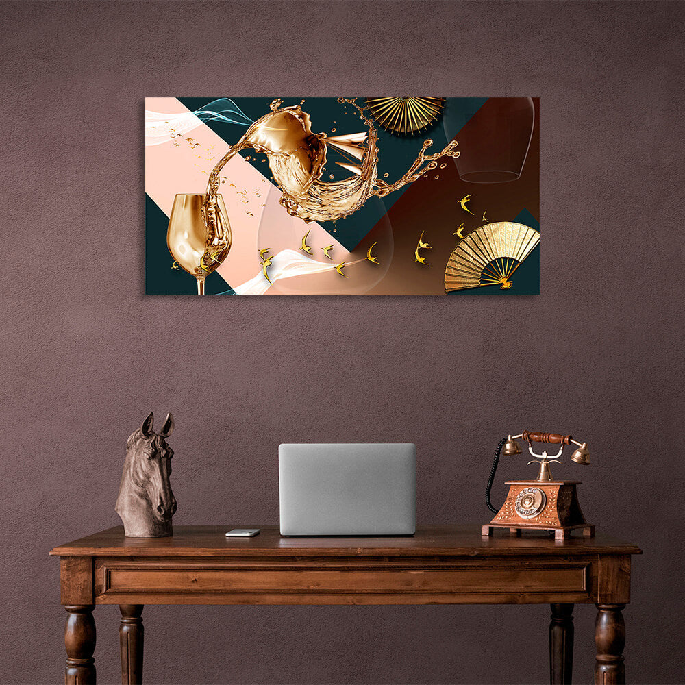 Golden glass, fan and golden birds Abstraction Canvas Wall Art Print