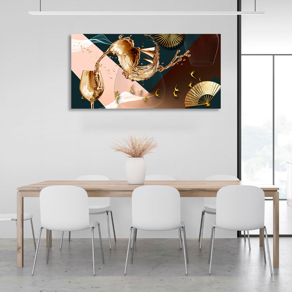 Golden glass, fan and golden birds Abstraction Canvas Wall Art Print