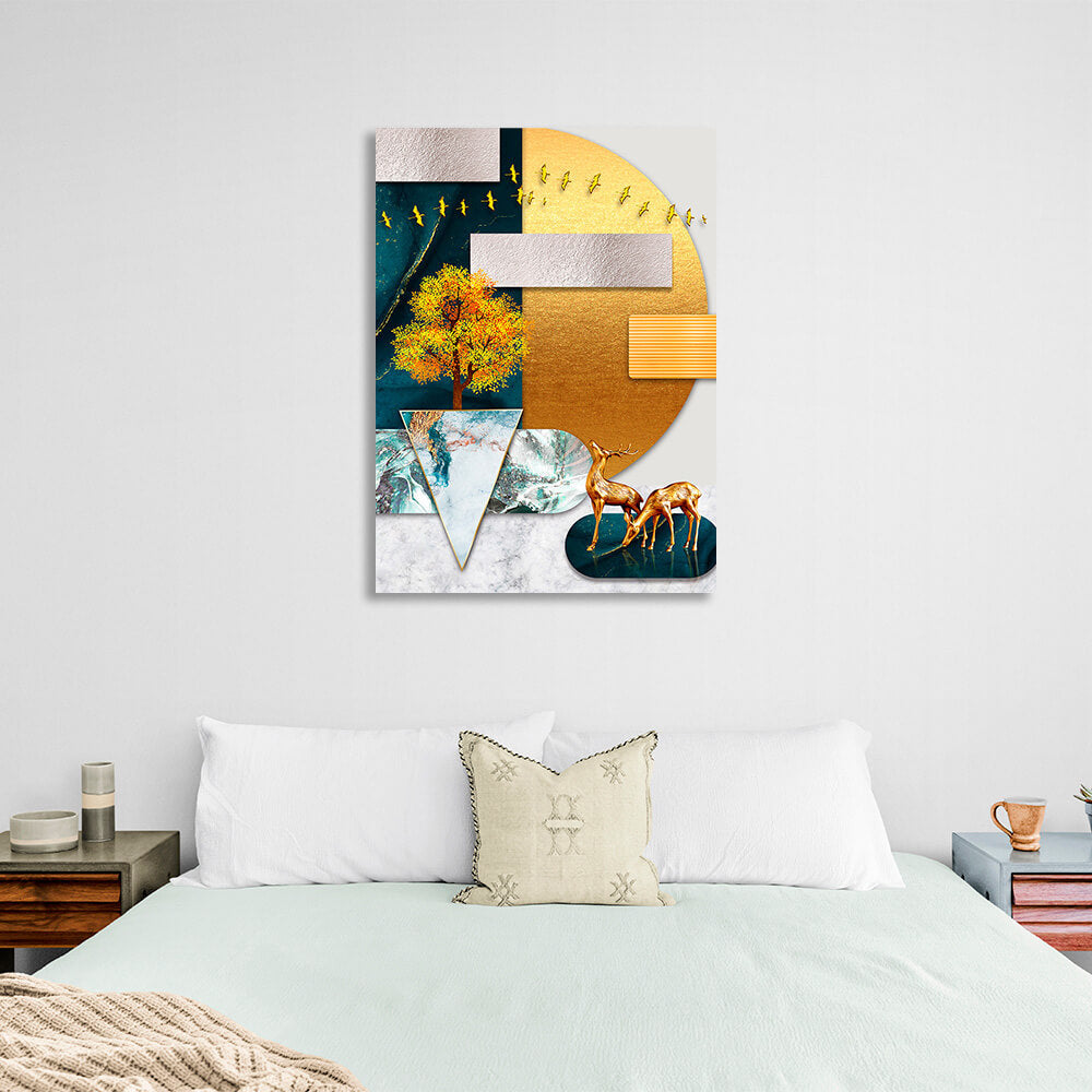 Geometrischer abstrakter Kunstdruck auf Leinwand, zwei goldene Hirsche auf dem Hintergrund eines goldenen Mondes.