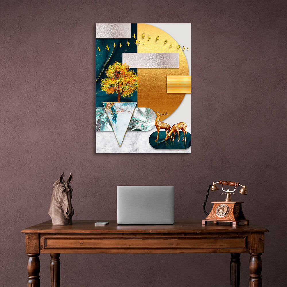 Geometric abstract two golden deer on the background of golden moon Abstraction Canvas Wall Art Print