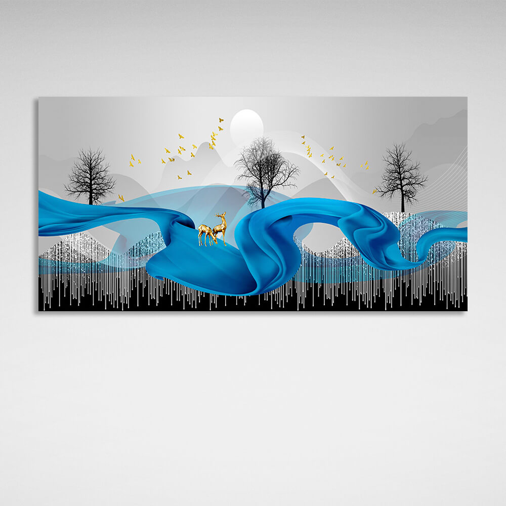 Two gold deer on a blue plume. Abstraction Canvas Wall Art Print