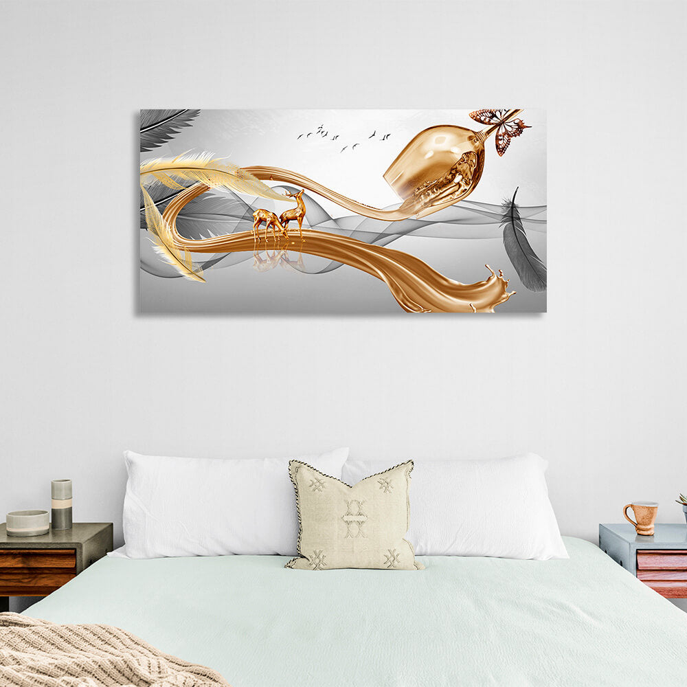 Gold glass gray feathers and two gold deer Abstraction Canvas Wall Art Print