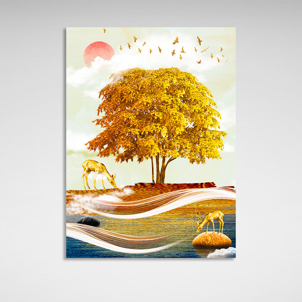 Goldener Baum mit goldenem Hirsch auf rotem Mondhintergrund, Kunstdruck auf Leinwand