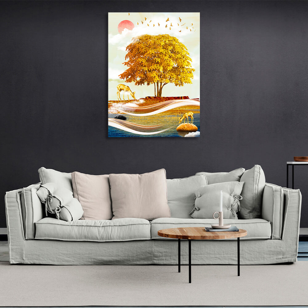 Goldener Baum mit goldenem Hirsch auf rotem Mondhintergrund, Kunstdruck auf Leinwand