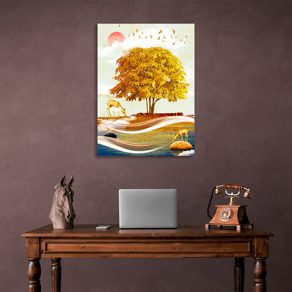 Goldener Baum mit goldenem Hirsch auf rotem Mondhintergrund, Kunstdruck auf Leinwand