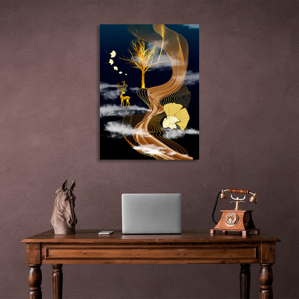 Abstract gold deer and tree on a white cloud Abstraction Canvas Wall Art Print