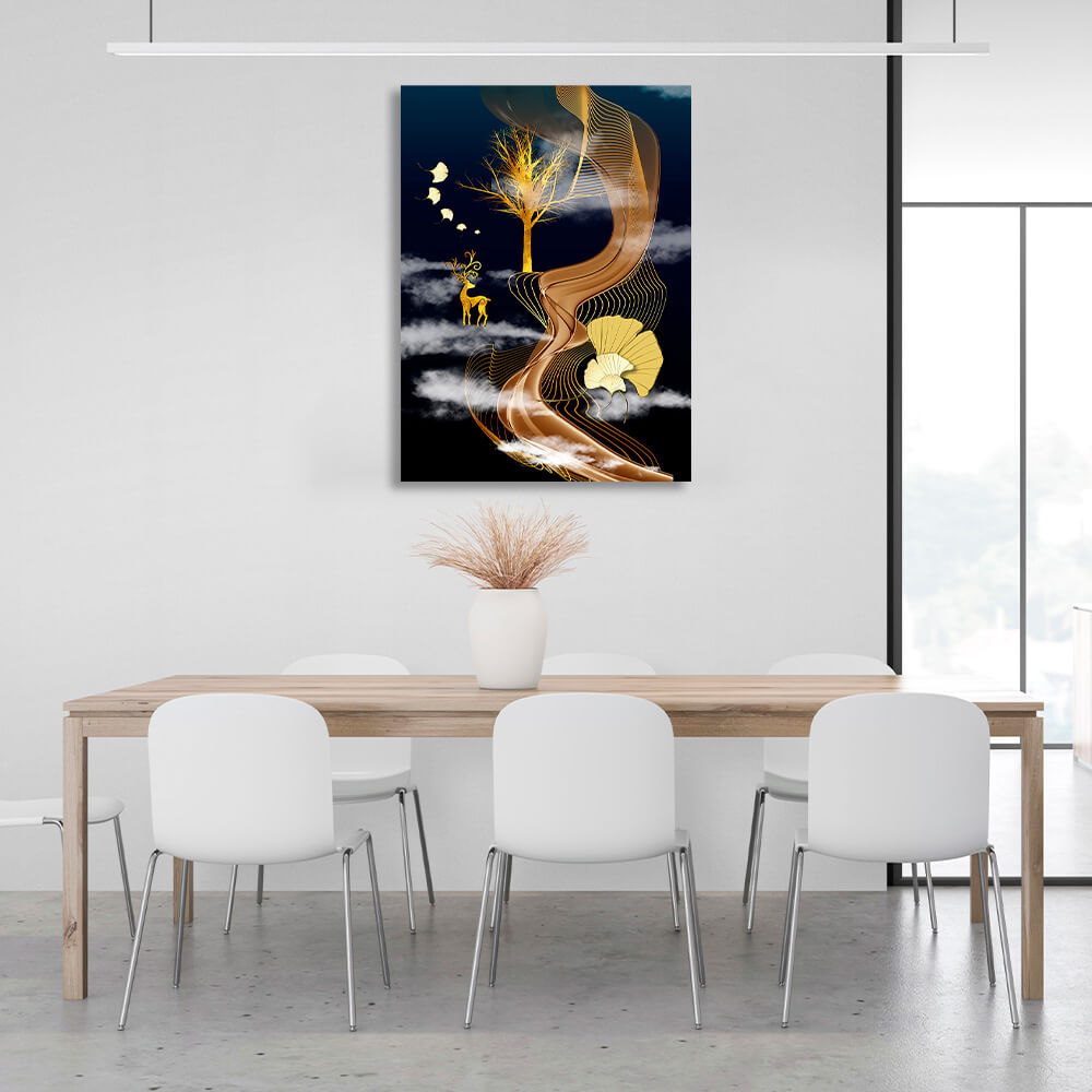 Abstract gold deer and tree on a white cloud Abstraction Canvas Wall Art Print