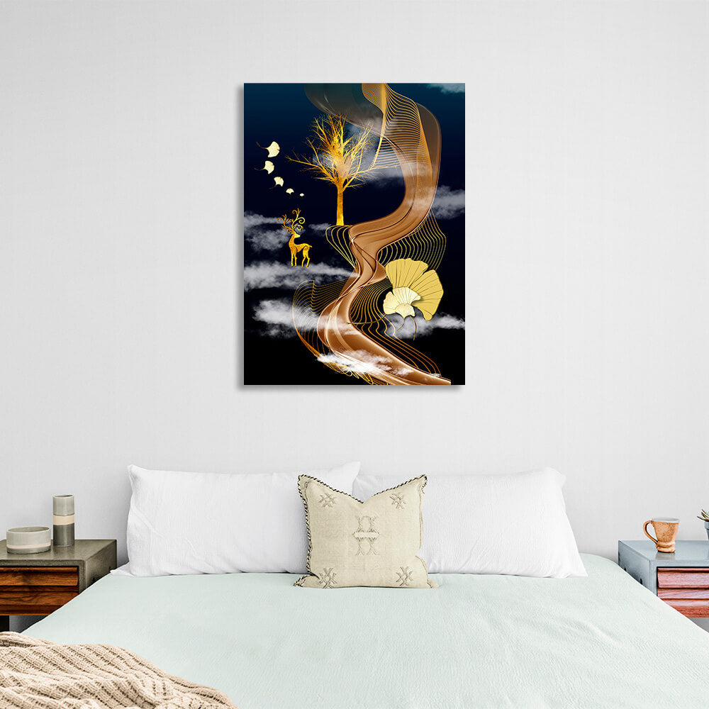 Abstract gold deer and tree on a white cloud Abstraction Canvas Wall Art Print