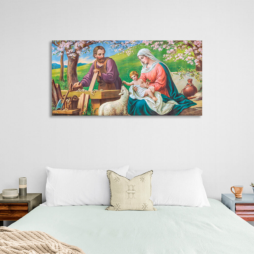 Eine Ikone, die die Heilige Familie darstellt. Reproduktion auf Leinwand, Kunstdruck