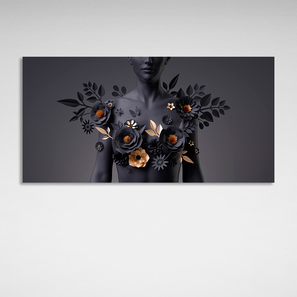 Woman with black and gold flowers on her chest on black background Canvas Wall Art Print