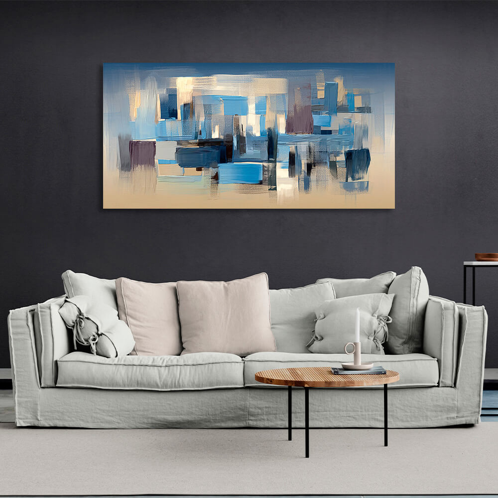 Pinselstriche in Beige, Blau und Lila, Abstraktion, Kunstdruck auf Leinwand