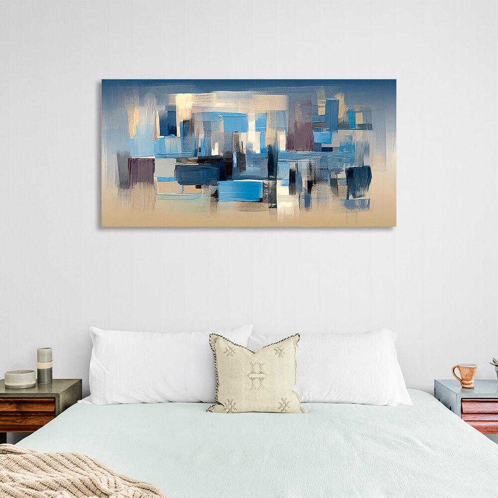 Pinselstriche in Beige, Blau und Lila, Abstraktion, Kunstdruck auf Leinwand