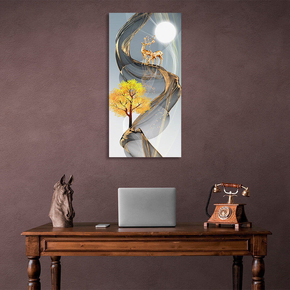 A yellow tree, two deer and a moon Abstraction Canvas Wall Art Print