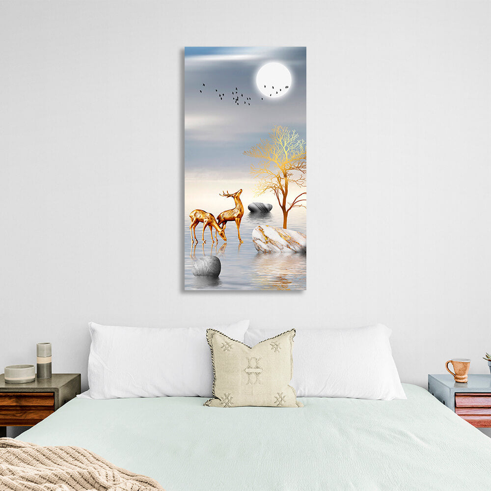 Drei Steine, zwei Hirsche, zwei Vögel und der Mond, abstrakter Kunstdruck auf Leinwand