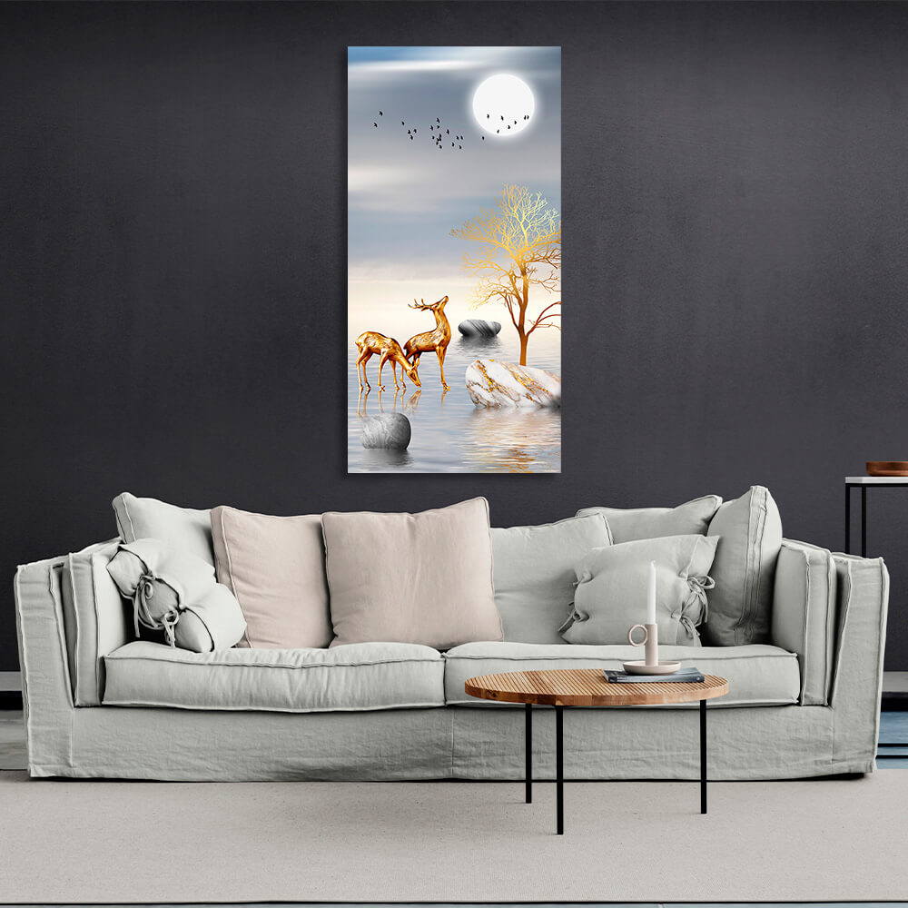 Three stones two deer two birds and the moon Abstraction Canvas Wall Art Print