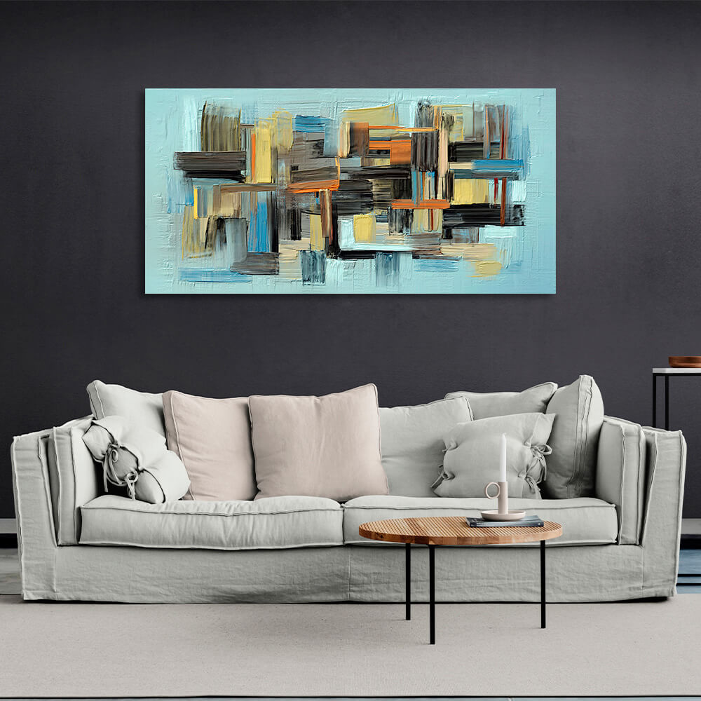 Abstraction blue color with black orange and yellow details Abstraction Canvas Wall Art Print