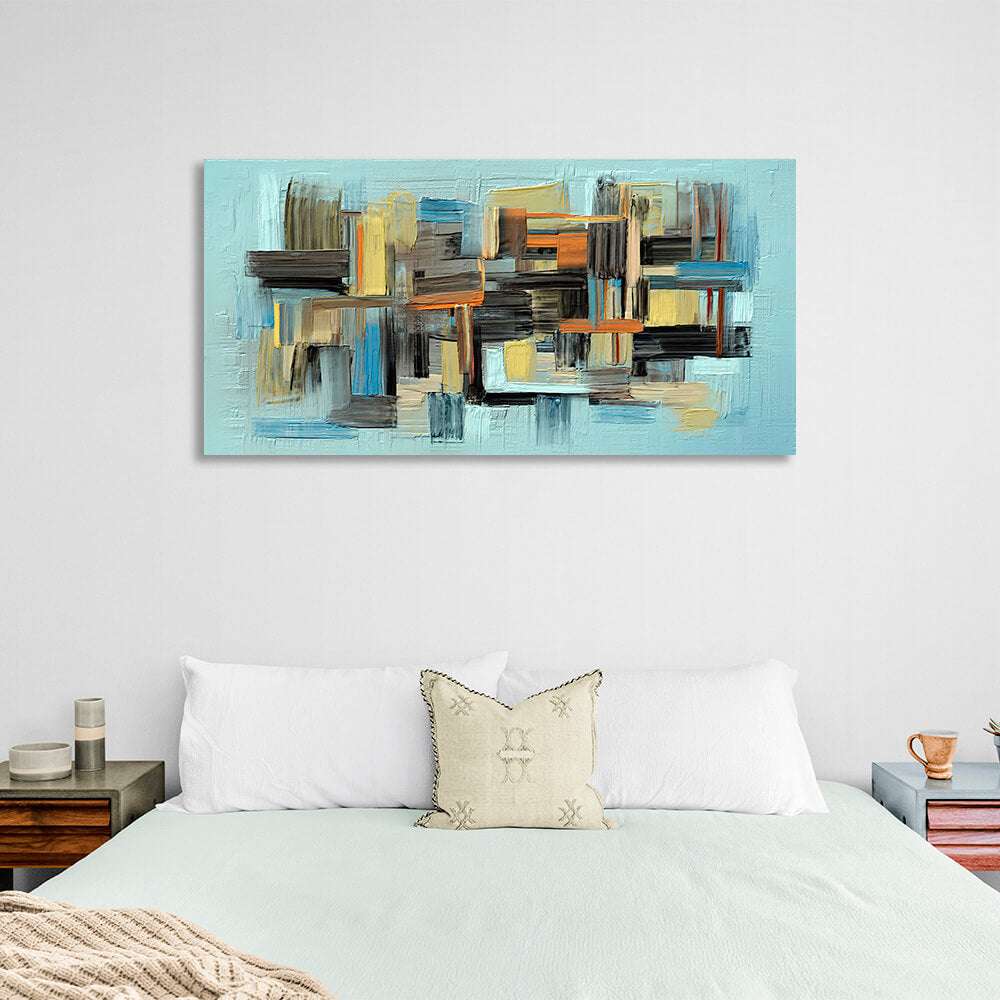 Abstraction blue color with black orange and yellow details Abstraction Canvas Wall Art Print